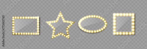 Makeup mirror isolated with gold lights. Vector square and round frames illustration