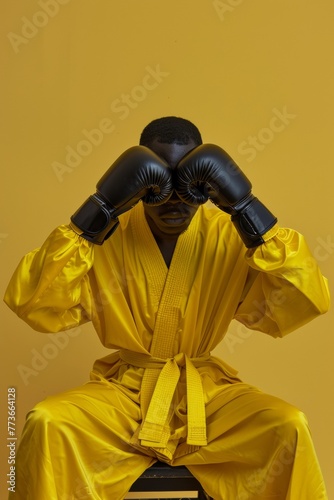 Contemplative Fighter  Man in yellow robe covering face with boxing gloves  a symbol of focus and preparation in combat sports