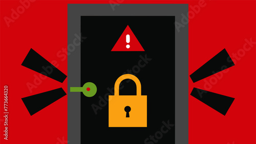 A locked door with bright red warning signs symbolizing the act of shutting out any information that challenges our beliefs.