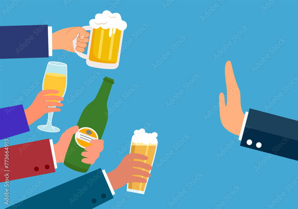 Businessman refused drinking alcohol offered by his colleagues in flat design. Stop drinking beer for good health. - obrazy, fototapety, plakaty 