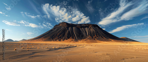 panoramic photo of an arid mountain range in the middle distance, with a huge black volcano rising behind it