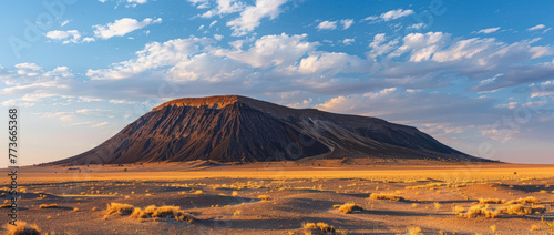 panoramic photo of an arid mountain range in the middle distance, with a huge black volcano rising behind it