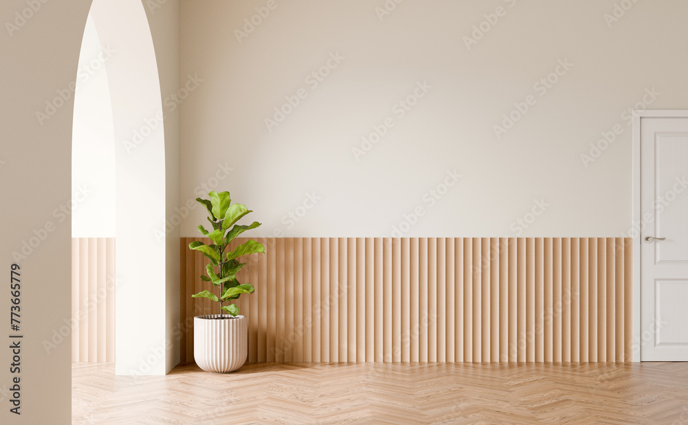 Interior wall background with Fiddle fig plant, Wood panel, Herringbone floor 3D illustration. - obrazy, fototapety, plakaty 