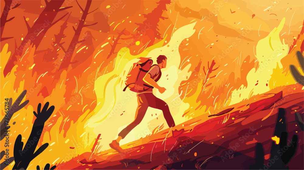 Explorer Running from Wildfire illustration flat ca
