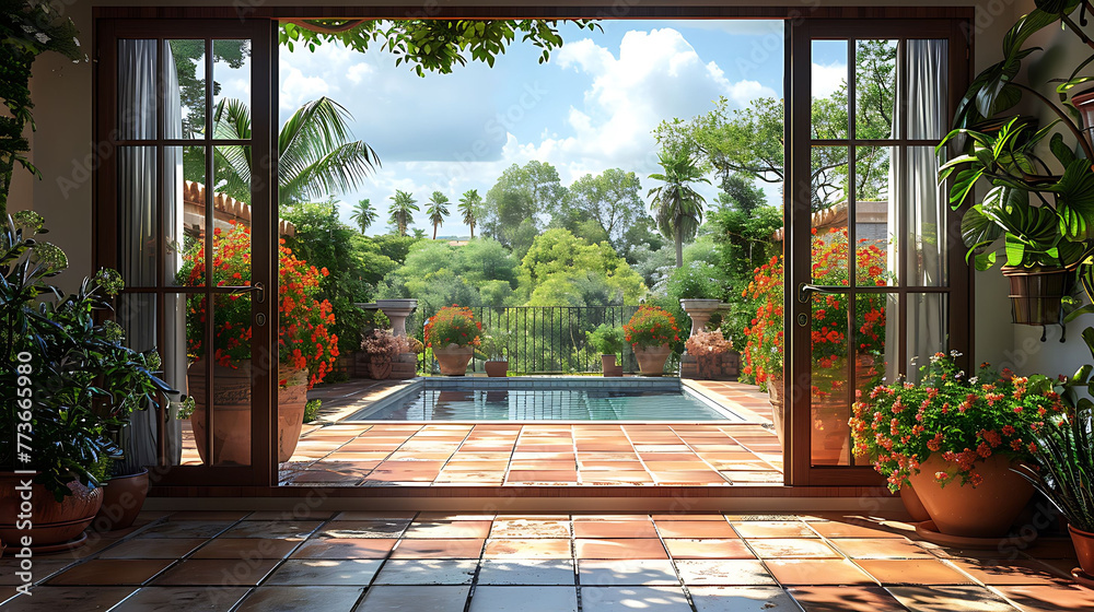 Terrace Overlooks Pool: Ceramic Tiles, Sunny Day, Garden View Through Door