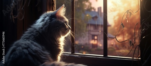 A tabby cat with a striped coat sitting in front of a window, gazing out at the sun shining through the glass