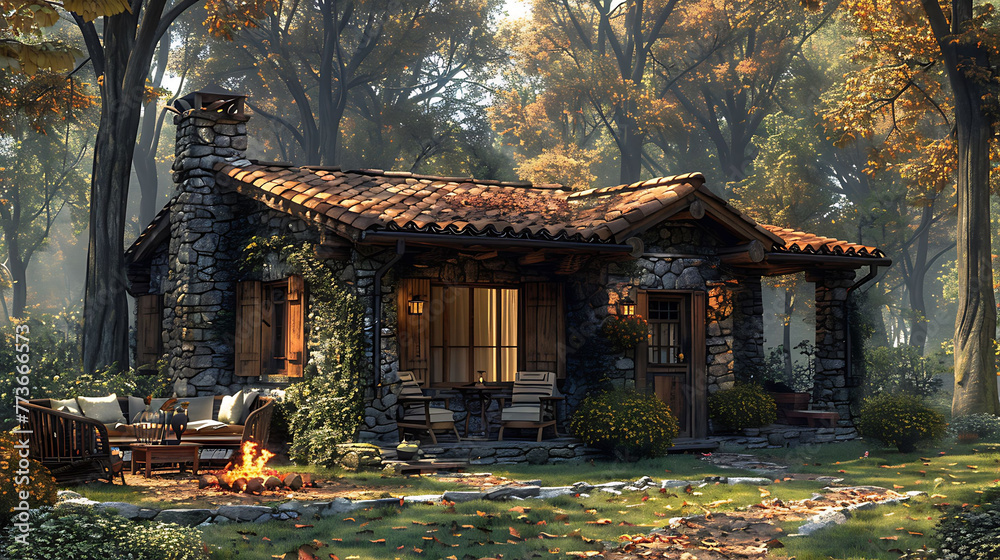 Obraz premium Small Home Oasis Offers a Pergola, White Furnishings, BBQ, and Firepit