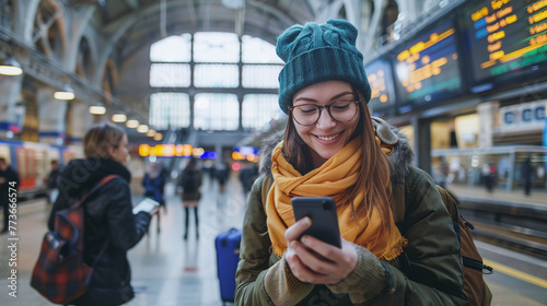 Attractive Lady Smiling: Using Smartphone at Busy Train Station