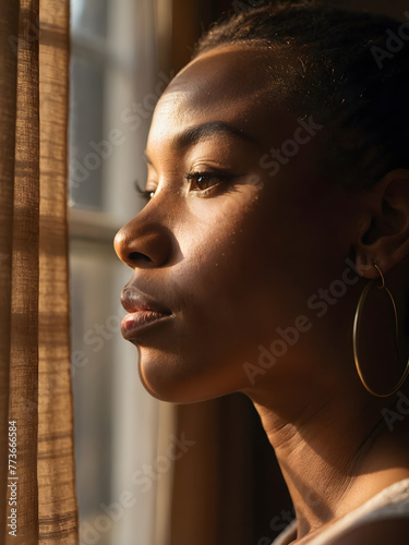 A black woman on the side of a window with brown curtains.