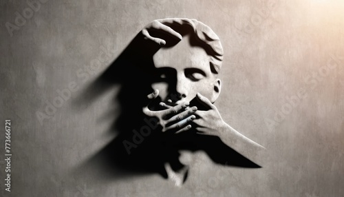 A minimalist paper art sculpture of a side profile face with a hand over its mouth, evoking a sense of silence, secrecy, and censored speech