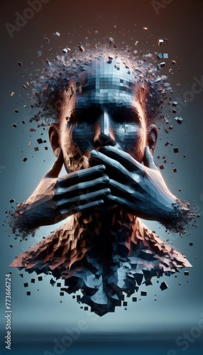 A dramatic digital artwork depicting a human face being silenced by hands, with a shattered effect, implying themes of censorship, repression, and the fragility of free expression photo