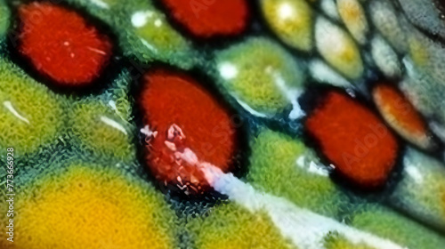 A notable pattern adorns the skin of a red-eyed tree frog, with vibrant green color highlighted by dark blue or black vertical stripes.