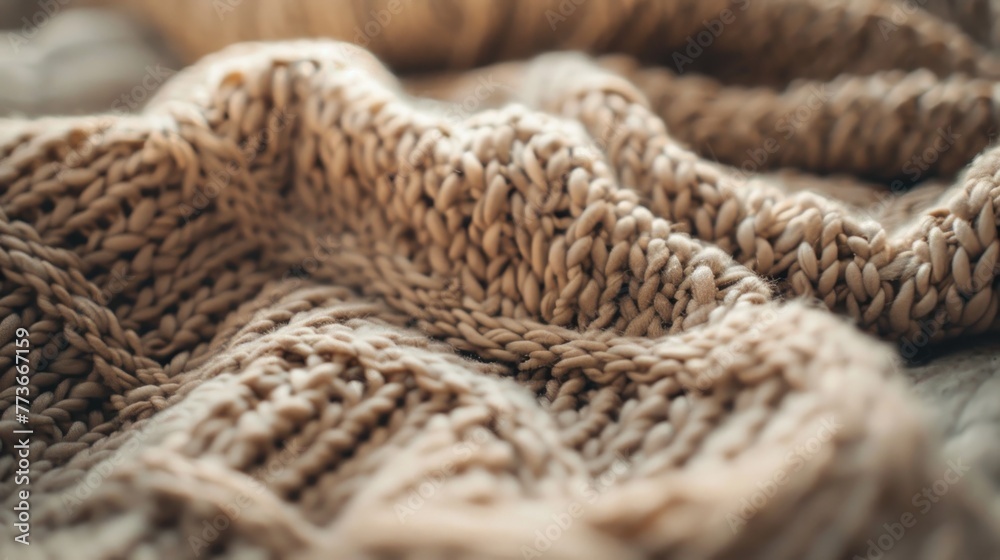 Close-up of a thick, knitted beige blanket with a textured pattern, depicting comfort and warmth with a cozy feel. Close-up of a thick, knitted beige blanket with a textured pattern, depicting comfort and warmth with a cozy feel.