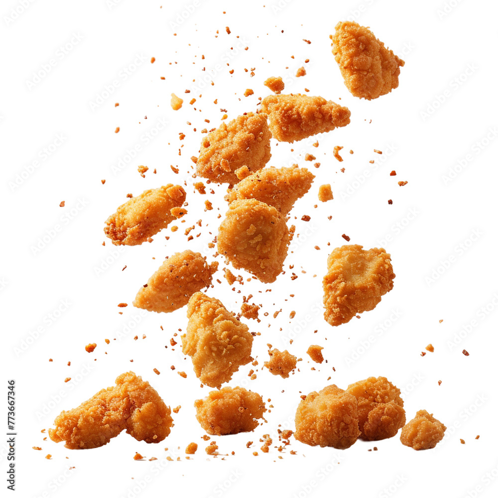 Fried chicken nuggets with crumbs falling.
Fried chicken nuggets with crumbs falling.