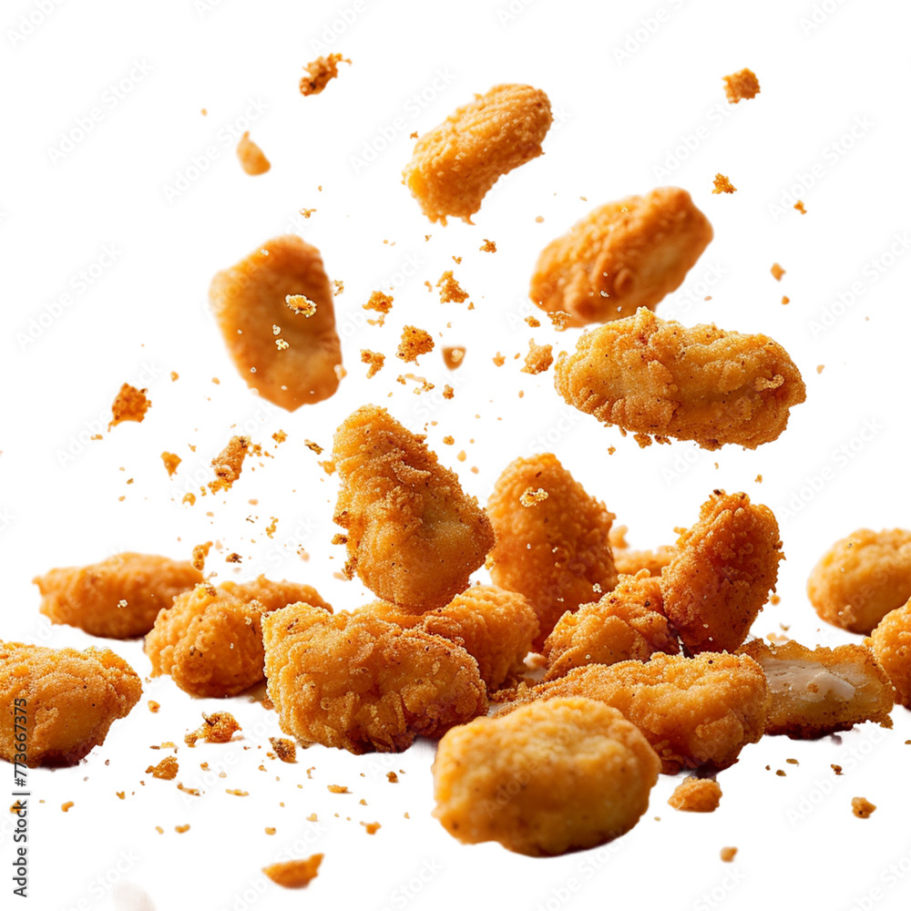 Fried chicken nuggets with crumbs falling.
Fried chicken nuggets with crumbs falling.