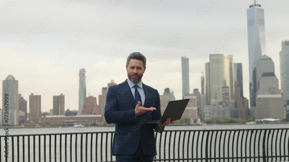 Business presentation. Speech of businessman at business presentation. Speaker talks audience online. Businessman explains motivation. Business presentation. Advertising agency startup. Advertisement Business presentation. Speech of businessman at business presentation. Speaker talks audience online. Businessman explains motivation. Business presentation. Advertising agency startup. Advertisement