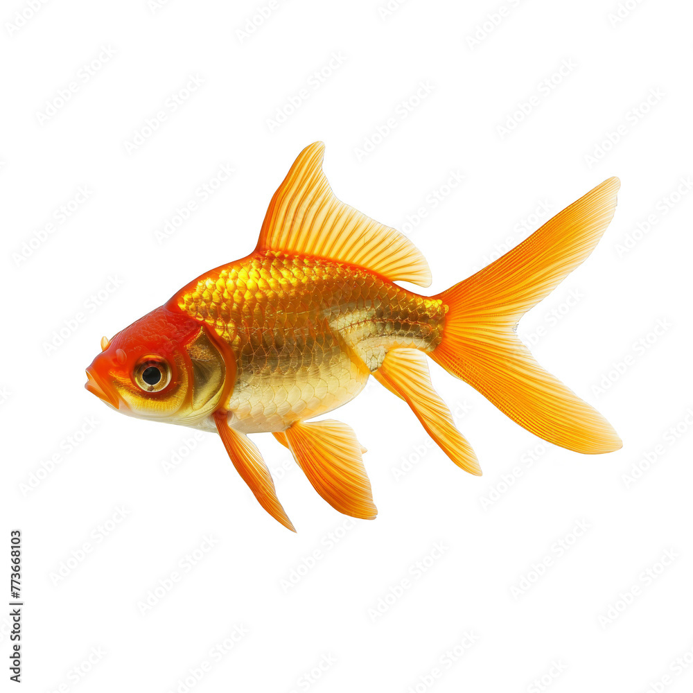 Photo of Golden goldfish on white background, side view, isolated with no shadows, white background