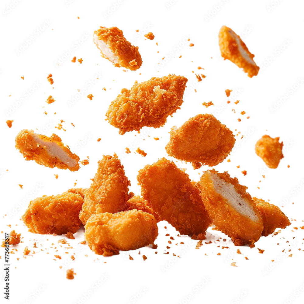 Fried chicken nuggets with crumbs falling.
Fried chicken nuggets with crumbs falling.