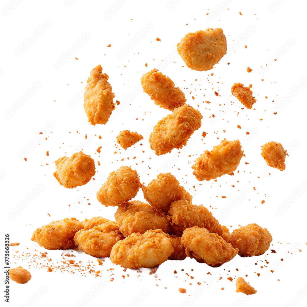 Fried chicken nuggets with crumbs falling.
Fried chicken nuggets with crumbs falling.