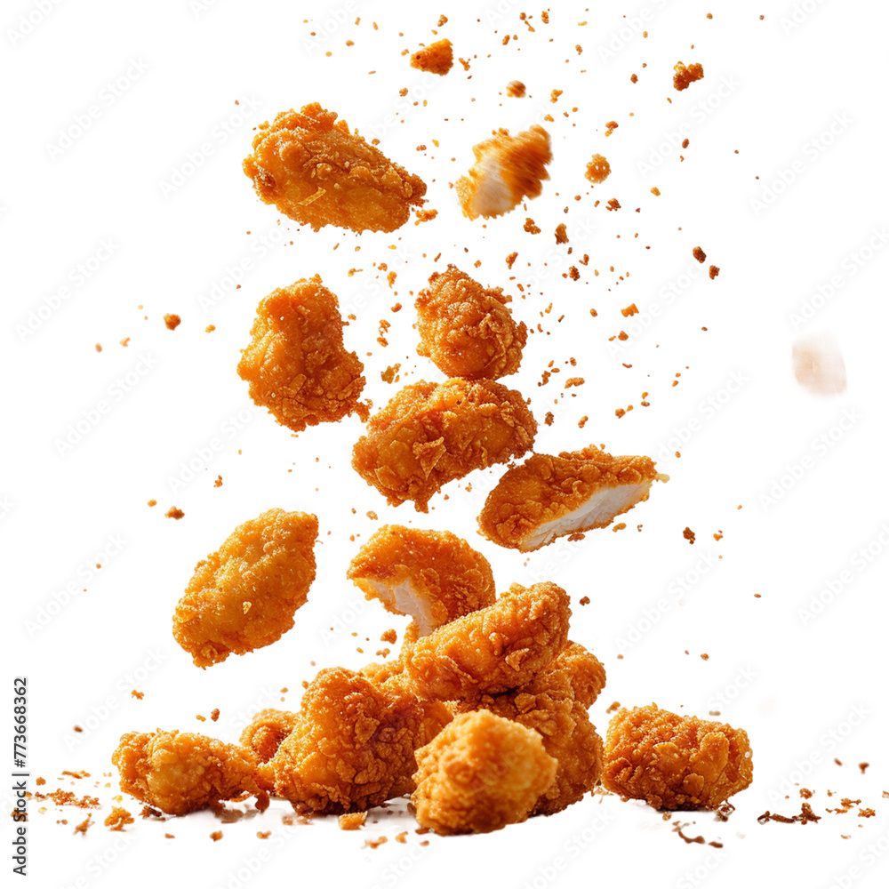 Fried chicken nuggets with crumbs falling.
Fried chicken nuggets with crumbs falling.