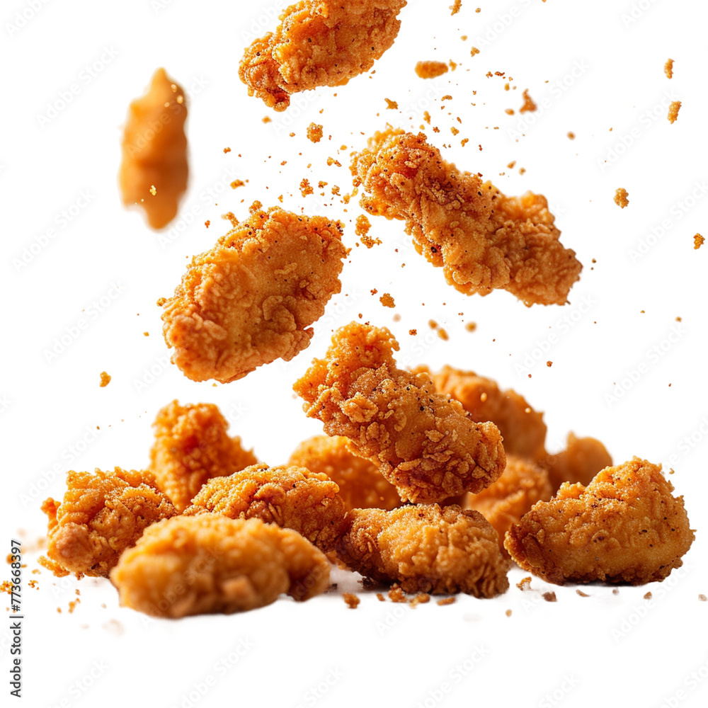 Fried chicken nuggets with crumbs falling.
Fried chicken nuggets with crumbs falling.