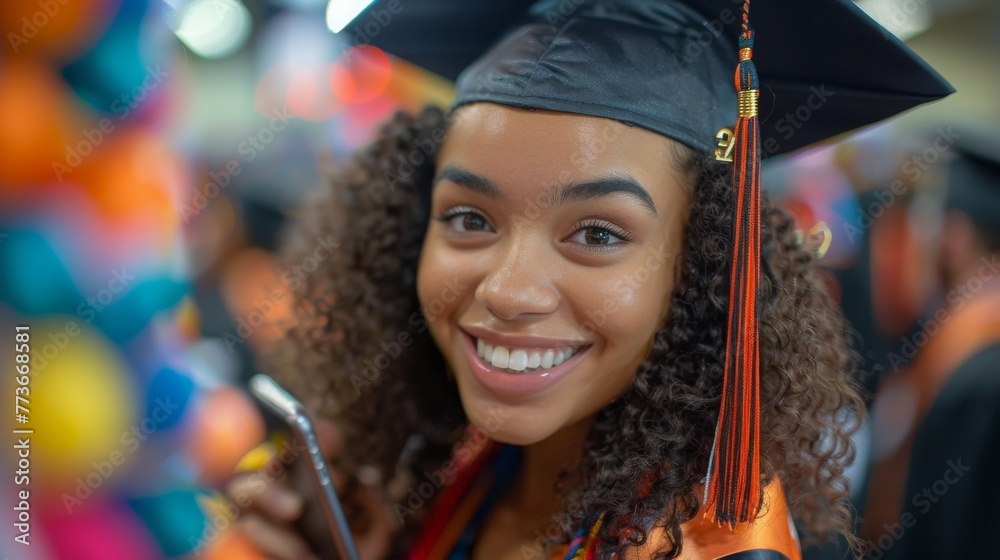 A radiant young woman takes a selfie in her graduation cap and gown, surrounded by a lively crowd and festive decorations.