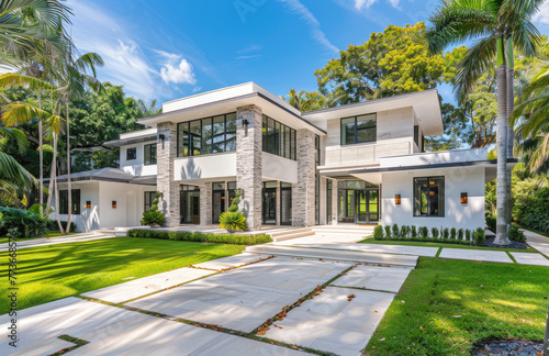 White modern home with stone accents, large front yard and palm trees © Kien