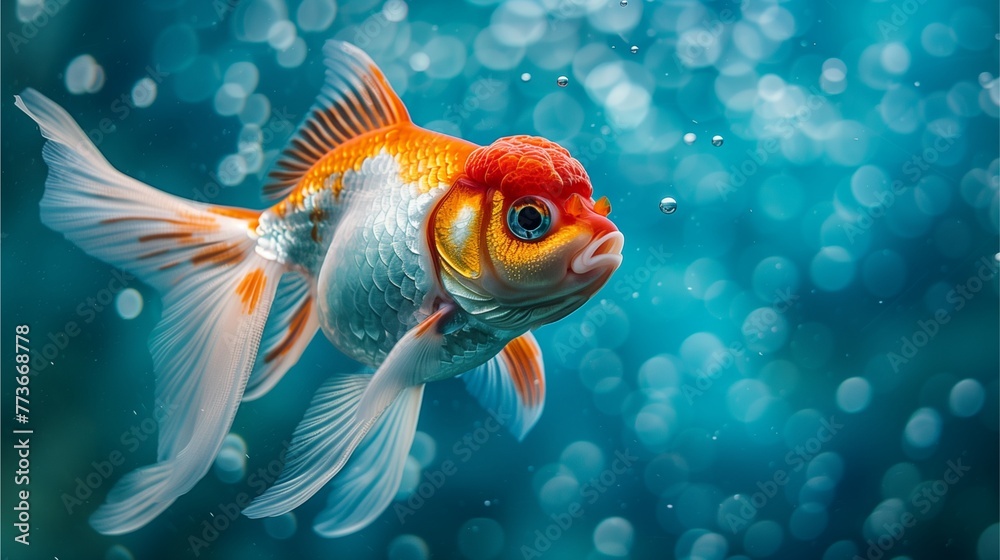 A goldfish swimming with air bubbles from its mouth in the water. A goldfish swimming with air bubbles from its mouth in the water.