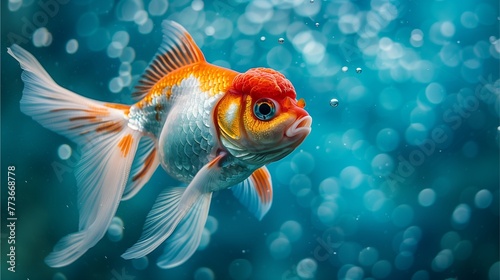  A goldfish swimming with air bubbles from its mouth in the water. 