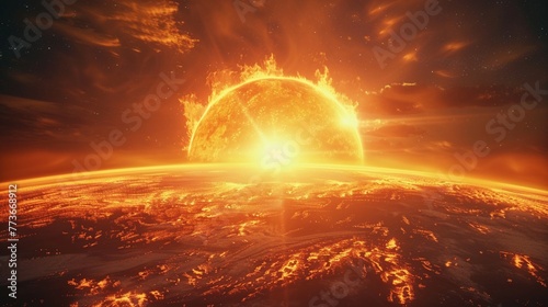 Global warming and heat wave, 6K, sun near Earth, vibrant and intense, urgent environmental theme