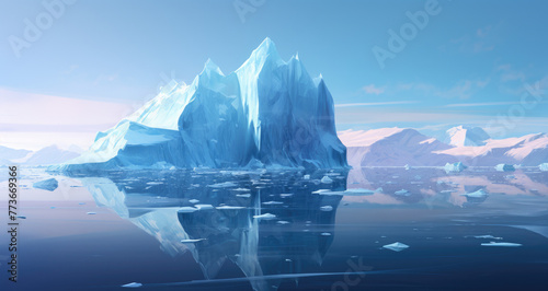 Big iceberg with its visible and underwater or submerged parts floating in the blue ocean. Hidden threat or danger, risk, appearance and global warming, christmas concept. AI