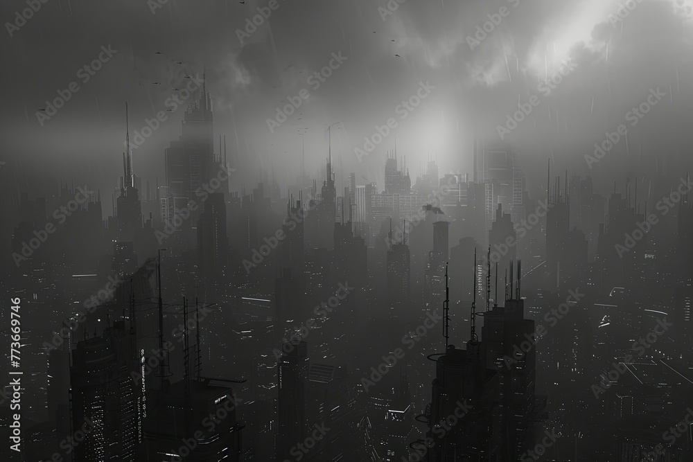 Fototapeta premium a dark ominous city, cinematic feel. 