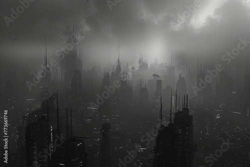 a dark ominous city  cinematic feel. 