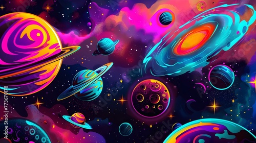 Vibrant Space Neon Planets Wallpaper Background