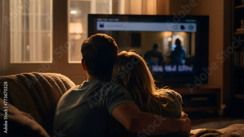 A couple in love watching television in the privacy of their home.