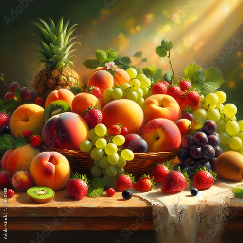 Fruits and berries on wooden background.