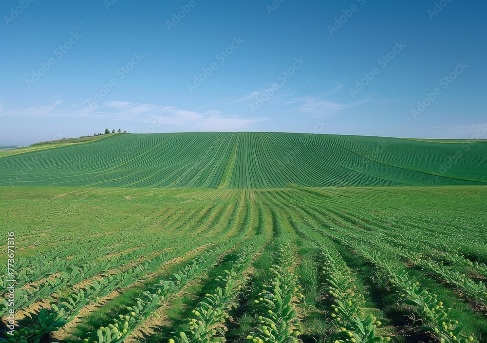 A field of green plants with a mountain in the background