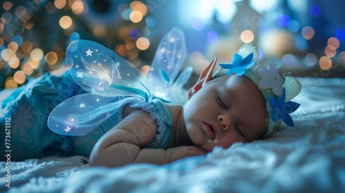a baby wearing a fairy custome with wings napping on the bed photo