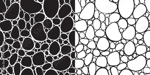 Cells seamless pattern. Hand drawn pattern. Black and white abstract stones background. Vector illustration. Repeating stone texture. Elegant ornament. Modern design textile, paper,