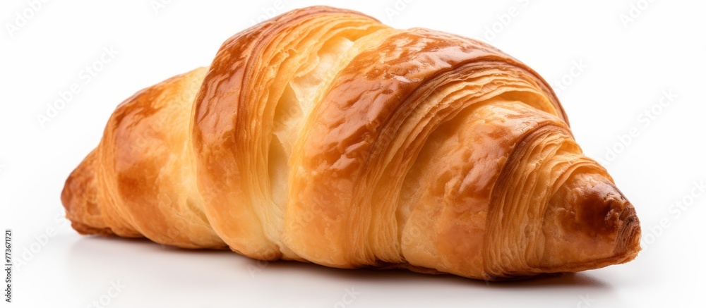 A freshly baked croissant resting on a clean and bright white table