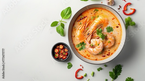Flat lay, top view Spicy Thai Prawn Coconut Milk soup isolated on white background