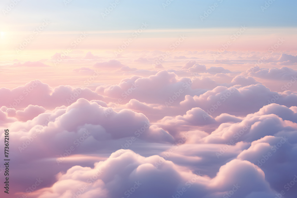 Tranquil sunrise above fluffy clouds, with warm pink and orange hues blending into a serene blue sky. Generative AI