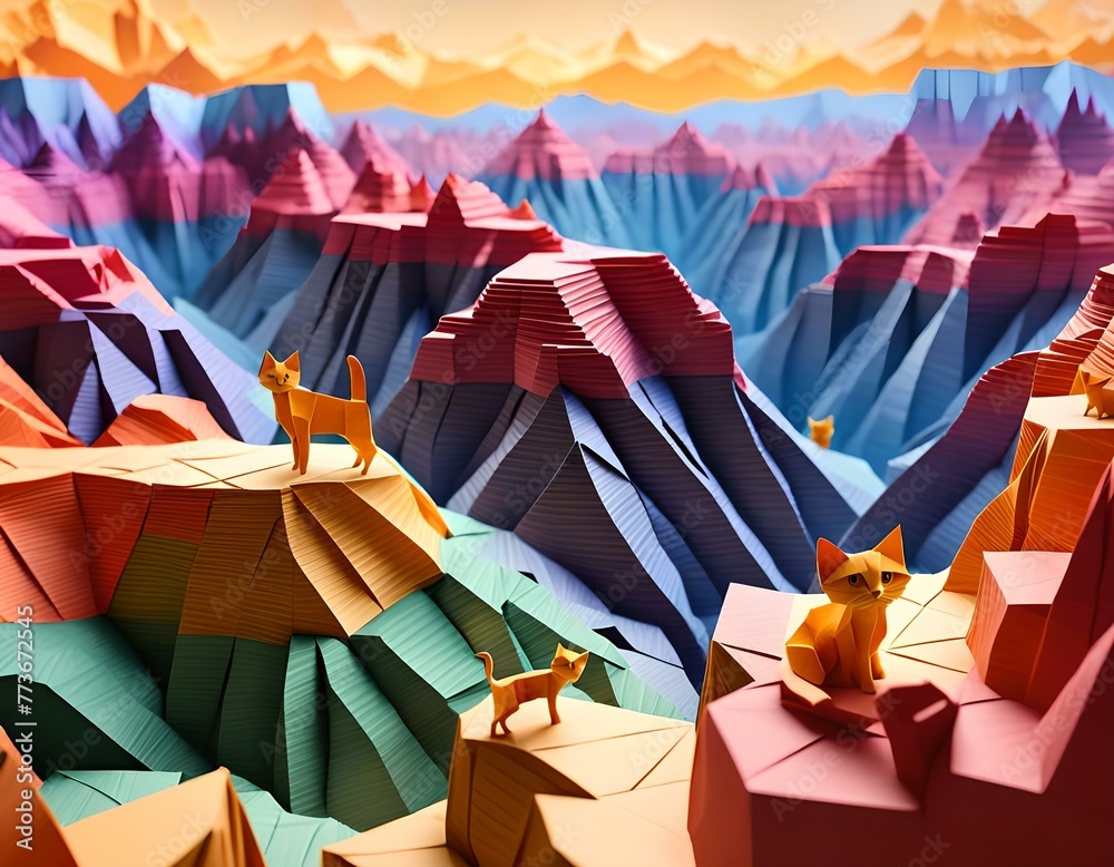 Fototapeta premium Origami Cats Standing on Top of a Mountain. Generative AI