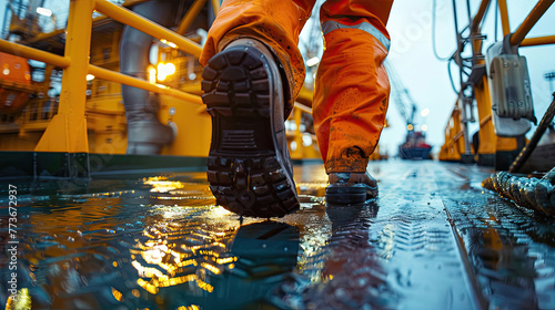 Close up of Offshore oil rig worker walks to an oil and gas facility to work in the process.