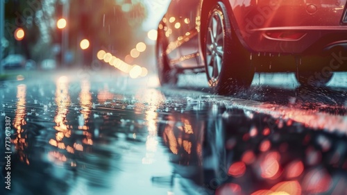 Car driving on wet city street with light reflections - A city scene featuring a car driving through rain-soaked streets with vibrant reflections of urban lights, creating a moody and atmospheric comp