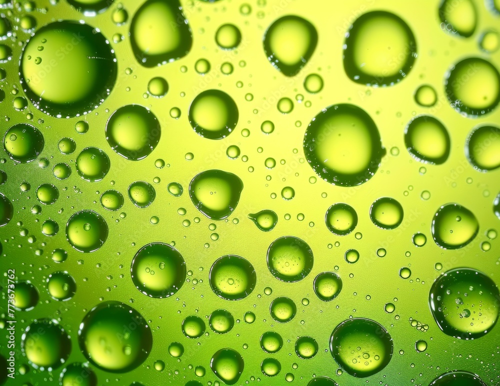 A green background with many small, round droplets of water