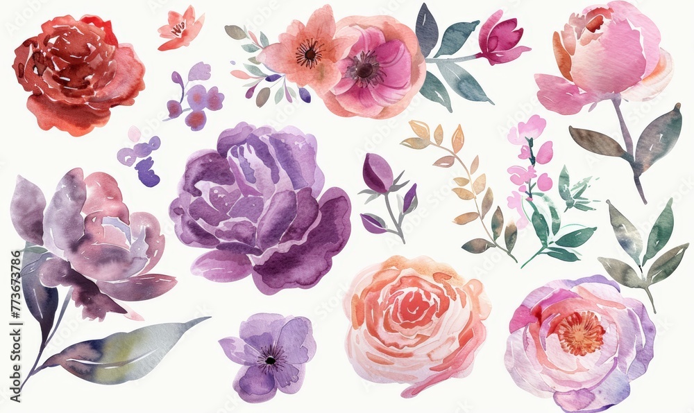 A collection of various colorful flowers displayed against a pure white background