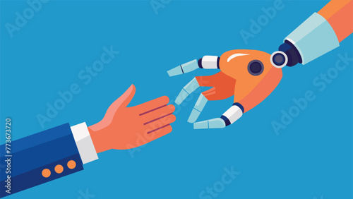 A hand reaching towards a robotic hand demonstrating the humanmachine collaboration and teamwork often found in automation and robotics
