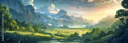 Breathtaking fantasy mountain landscape - A serene fantasy landscape showing a detailed valley with mountains, forest, and a sunset sky photo