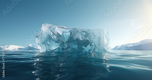 Big iceberg with its visible and underwater or submerged parts floating in the blue ocean. Hidden threat or danger, risk, appearance and global warming, christmas concept. AI © ribelco